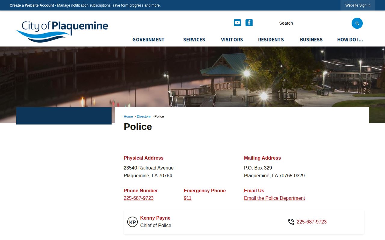 Official Plaquemine Police Department contact page with agency details