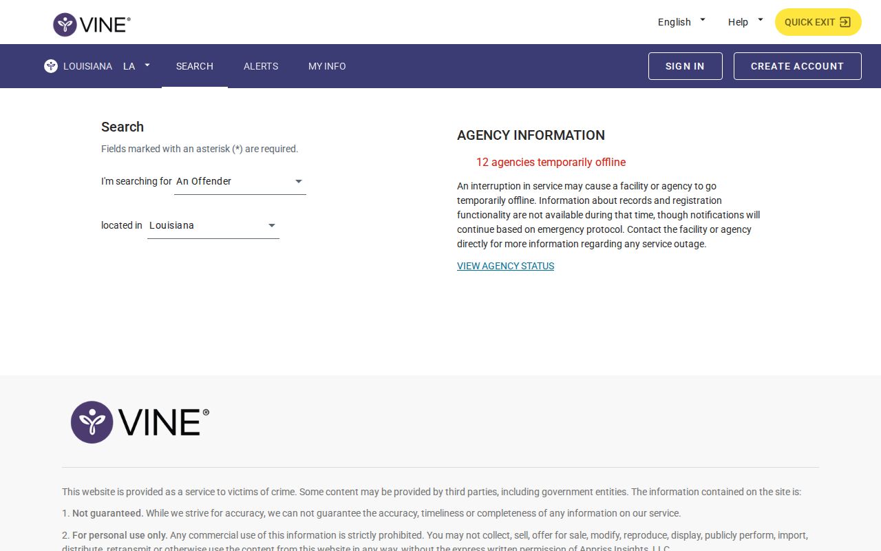 Louisiana VINELink search screen for Iberville Parish custody records