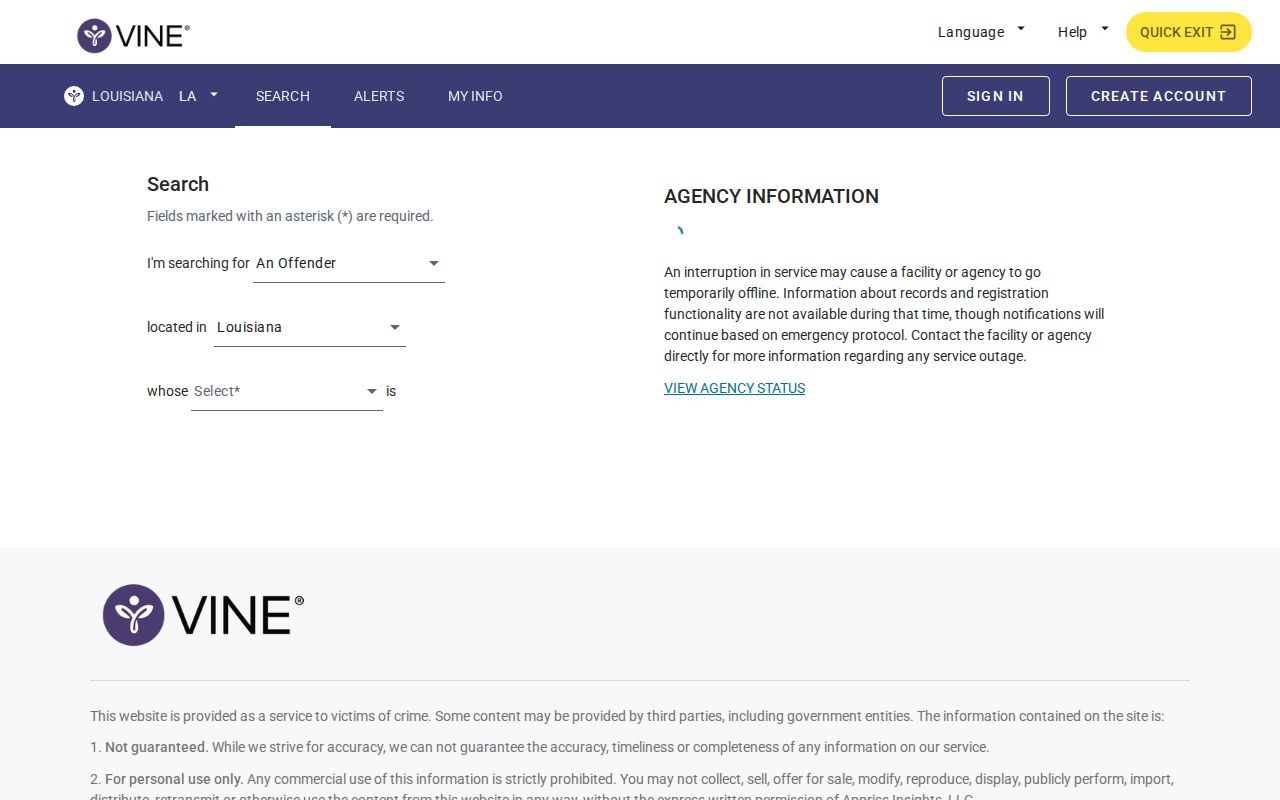 Louisiana VINELink registration screen for Iberville Parish release alerts