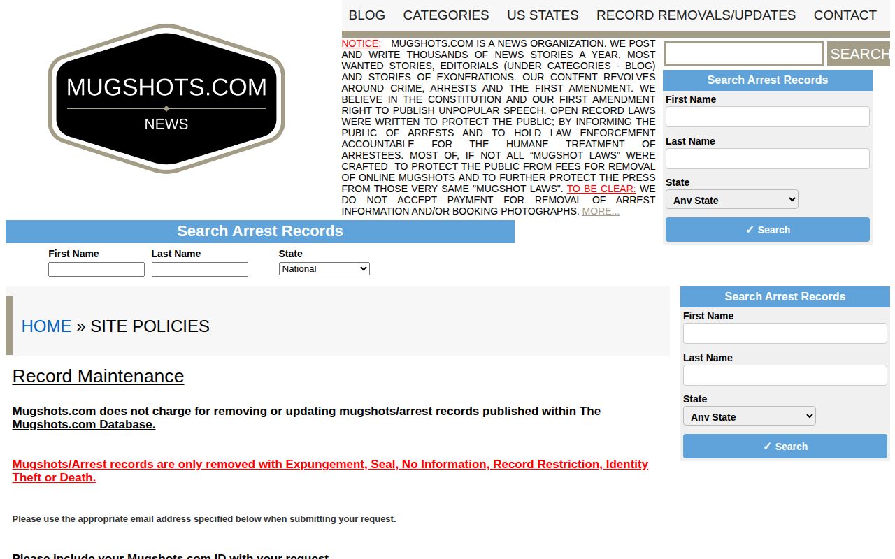 Mugshots.com record correction policy page